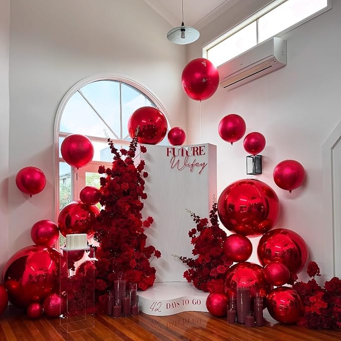 12Pcs Red Round Balloons Foil, 22" 18" 15" 10" 4D Round Ball Balloon, Big Metallic Red Foil Balloons Helium for Valentine Day Graduation Christmas New Year Prom Birthday Party Decorations Supplies