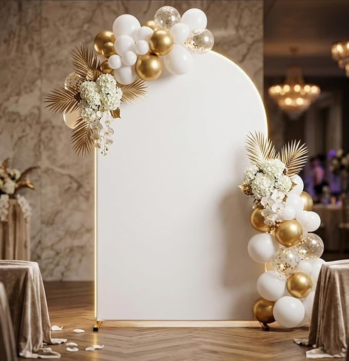Metal Arch Backdrop Stand and Cover Set, 6.6FT White Reusable Spandex Fitted Backdrop Cover and Gold Wedding Arch Frame for Baby Shower, Birthday, Parties Decoration.