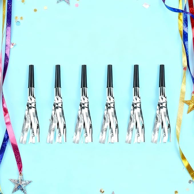 Silver New Years Noise Makers 48 PCS NYE Party Blowers Blowouts New Years Eve Games Favors Supplies Birthday Pep Rally for Adult Prank Graduation Sporting Events Horns Noisemakers Accessories