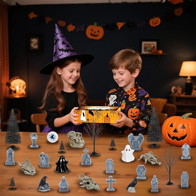 35 PCS Halloween Village Accessories Miniature Tombstone Crow Animal Skull Figurines Halloween Village Trees Spooky Town Set for Mini Graveyard Scene Decor