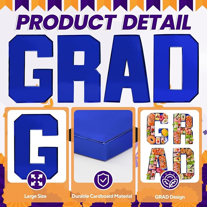GRAD Set Cardboard Letter for Charcuterie 10.2'' Blue Grad Fillable Tray Charcuterie Paper Box for Graduation Party Decorations Chocolate Candy Cupcake Container