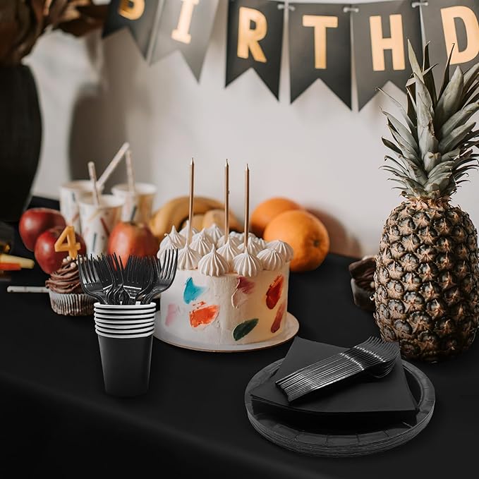 Severs 25 Guests Black Paper Plates 9 Inch,Bulk Black Paper Plates Cups Napkins and Tablecloth,Disposable Cake Plates Paper Plate Black for Birthday Wedding Party