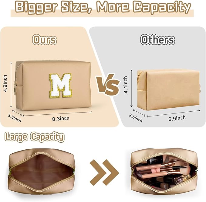 TOPEAST Personalized Birthday Gifts for Women, Preppy Patch Makeup Bag, Chenille Letter Pouch Cosmetic Bag, Travel Organizer, Gifts for Friends, Cute Stuff for Women (Khaki L)