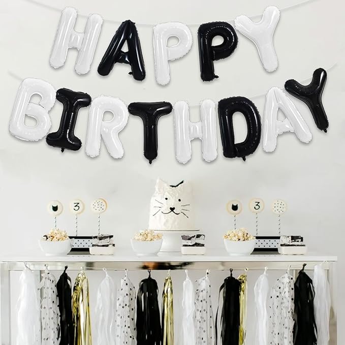 TONIFUL Happy Birthday Balloons Banner 16 Inch Mylar Foil Letters Birthday Sign Reusable for Girls Boys Kids & Adults Birthday Party Decorations Supplies（Black White）