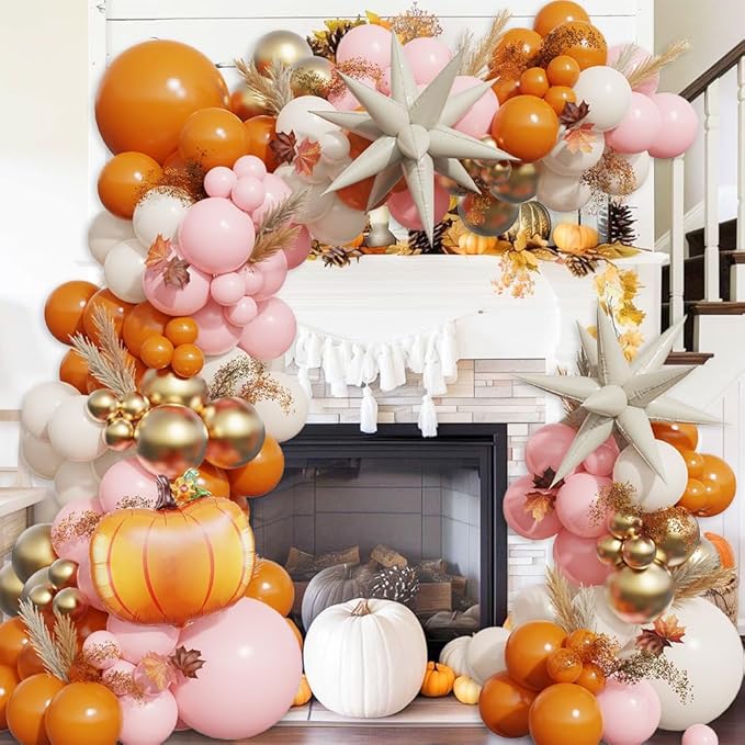 Pink Fall Balloons Garland Arch Kit - 149pcs Burnt Orange Nude Pink Gold Balloons with Pumpkin Foil Balloon for Thanksgiving Autumn Fall Birthday Party Decorations