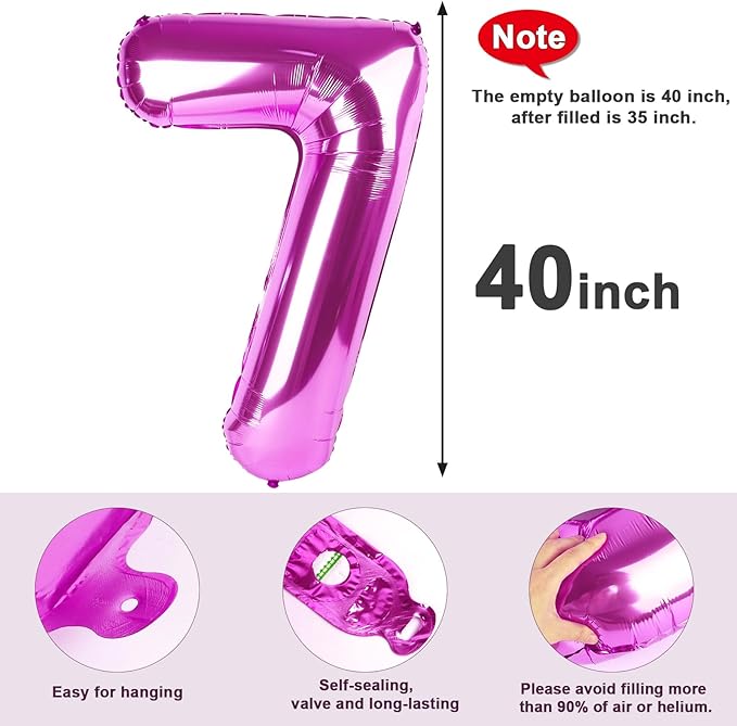 40 Inch Number 7 Balloon, Rose Purple Seven Birthday Decor, 7 17 27 70 Year Old Balloon Number for Engagement, Wedding, Graduations