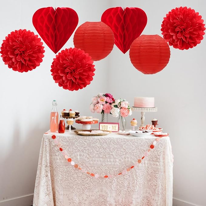 Red Valentines Day Paper Flowers Tissue Pom Poms Hearts Honeycomb Lanterns 15pcs Galentines Party Decorations Anniversary Love Birthday Wedding Baby Shower Hanging Supplies Mprocherify