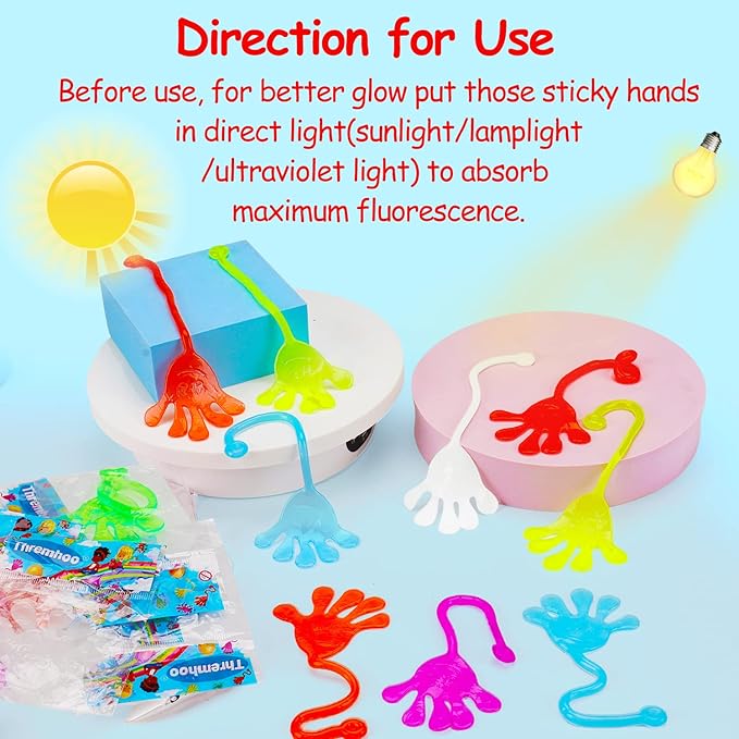 Thremhoo 40Pcs Glow in the Dark Sticky Hands Kids Party Favor Supplies Goodie Bag Stuffer Pinata Return Gift Stretchy Class Prize Carnival Sensory Goody Party Pinata Filler Treasure Box Bulk Toy
