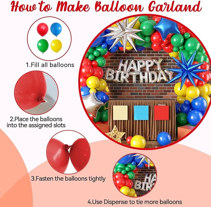 Red Yellow Blue Green Balloon Arch Garland Kit, Navy Blue Dark Green Colorful Balloons, Blue Silver Star Foil Balloons for Boy Girl Theme Birthday Party Decorations Baby Shower Backdrop
