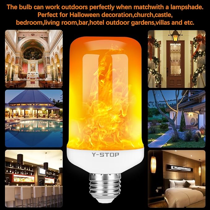 Y- STOP LED Flame Light Bulbs, Upgraded 4 Modes Fire Light Bulb with Upside Down Effect, E26 Base Flickering Light Bulb for Halloween Decorations, Christmas, Outdoor, Indoor, Home Decor, White, 2 Pack
