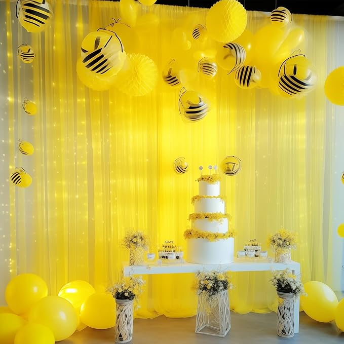 10ft x 8ft Yellow Backdrop Curtain with Lights String for Parties, Sheer Tulle Wedding Photo Backdrops Drapes for Baby Shower Birthday Party Decorations Background for Photography