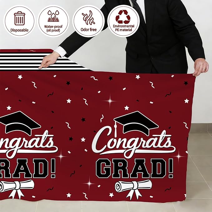 7-Pack Graduation Party Decorations Set, 3 Maroon Graduation Tablecloths 54 x 108 in, 2026 and Grad Balloons, 2 Foil Fringe Curtains for High School College Graduation Party Photo Booth