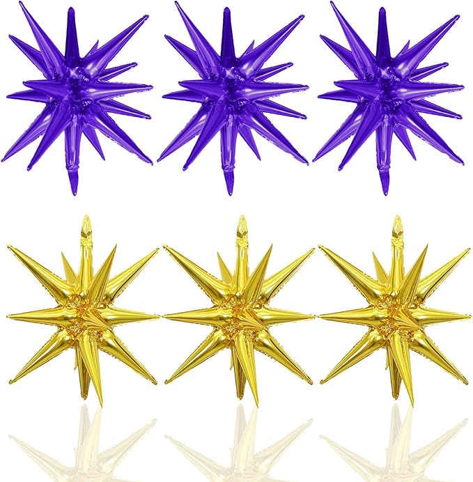 6PCS Purple Gold Star Balloons, 22Inch Large Star Shaped Balloon Foil Spike Balloon Cone Balloons for Graduation Birthday Wedding Baby Shower Halloween Festival Ceremony Decorations