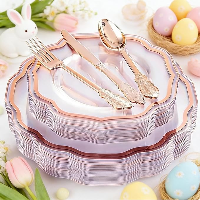 NOCCUR 150PCS Rose Gold Plastic Plates&Rose Gold Silverware-Include 30Dinner Plates, 30Salad plates, 90 Disposable Rose Gold Utensils- Ideal for Weddings/Party/Easter Day