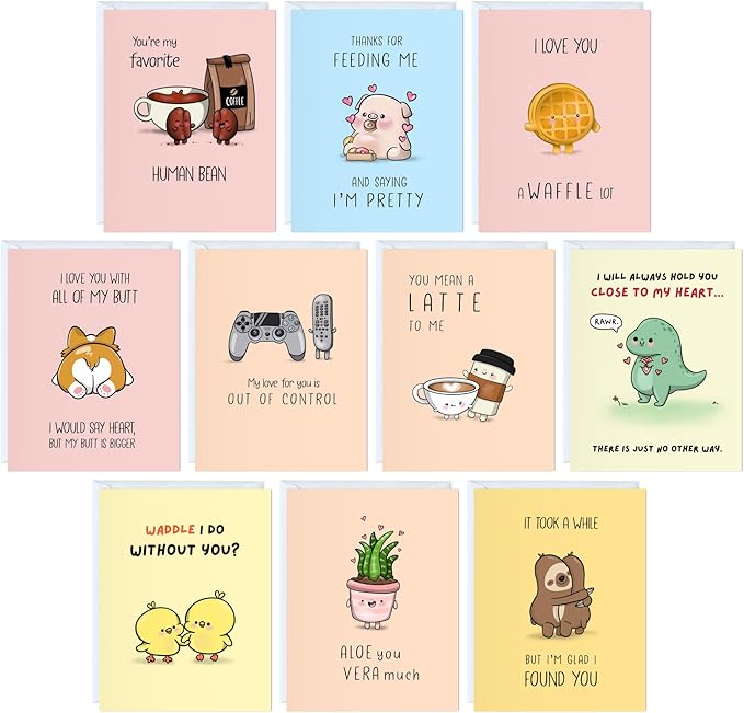ALY LOU Boxed Set of 10 Funny, Cute Notecards for All Occasions, Assorted Anniversary Birthday Card for Her Him / Husband Boyfriend / Girlfriend Wife Kawaii Vday Greeting Card
