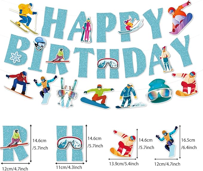 Zwiebeco Blue Skiing Happy Birthday Banner Bunting Garland Hanging Paper Party Decoration for Boys Girls Mens Womens Snow Skier Lover Winter Ski Snowboard Sports Themed Bday Decor Accessories Supplies