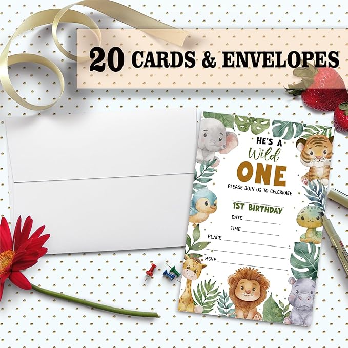 Jungle Animals Birthday Invitation Cards For Girls Boys kids, He's a Wild One Birthday Party Supplies Favors, 20 Fill-In Invitation Cards with Envelopes -05