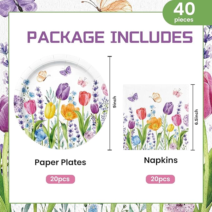 40Pcs Tulip Plates and Napkins Party Supplies, Disposable Spring Floral Plates Napkins Tableware Set for Picnic Wedding Baby Shower Bridal Shower Birthday Tea Party Decorations (Tulip)