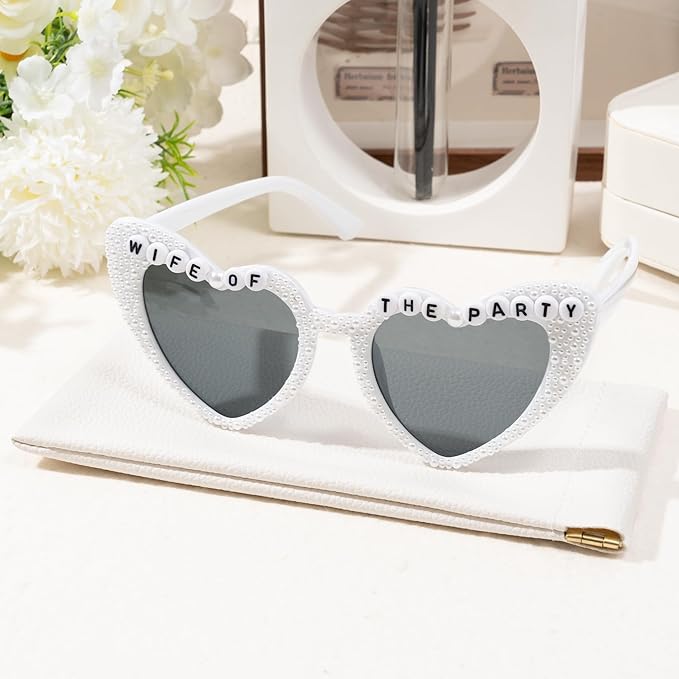 PANTIDE Bride To Be Sunglasses - Rhinestone Pearl Heart Shaped Sunglasses, Bachelorette Party Engagement Gift