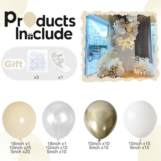128PCS White Sand Gold Balloons Arch Kit, Nude Bridal Shower Balloon Garland with Metallic Gold Balloons for Bachelorette Bride to be Boho Wedding Baby Shower Birthday Graduation Party Decorations