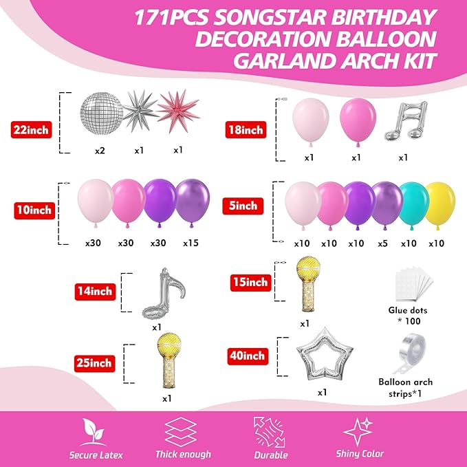 171Pcs Songster Birthday Decoration - Pink and Purple Balloon Arch Kit Hollow Star, Microphone, Disco Mylar Balloon Garland Kit for Music Fans Popular Singer Birthday Princess Party Decorations