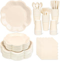 400 Pcs Ivory Paper Plates and Napkins Tableware Set, Ivory Birthday Decorations for 50 Guests Include Scalloped Paper Plate Napkins Cups Plastic Knives fork and spoon for Baby Shower Wedding Birthday