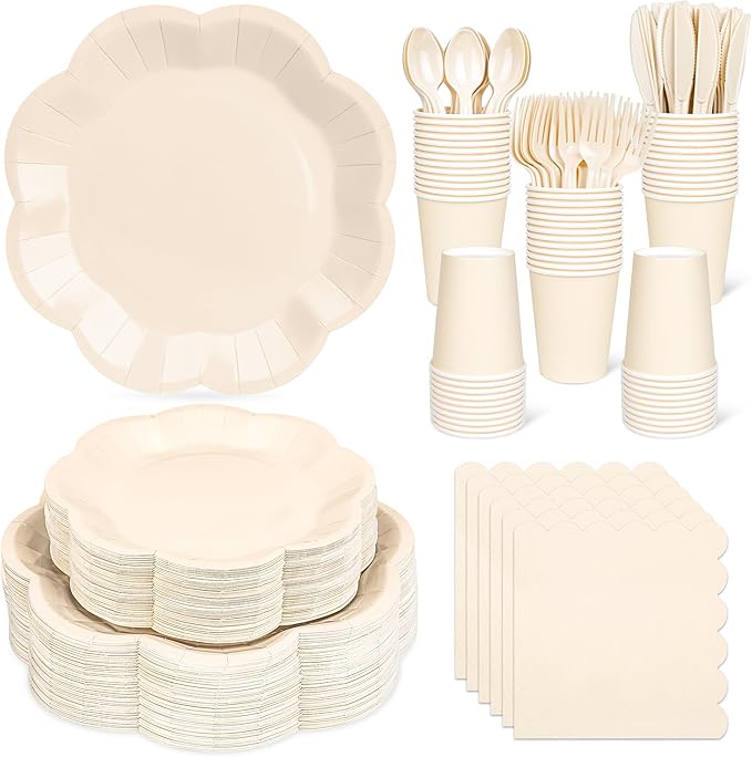 400 Pcs Ivory Paper Plates and Napkins Tableware Set, Ivory Birthday Decorations for 50 Guests Include Scalloped Paper Plate Napkins Cups Plastic Knives fork and spoon for Baby Shower Wedding Birthday
