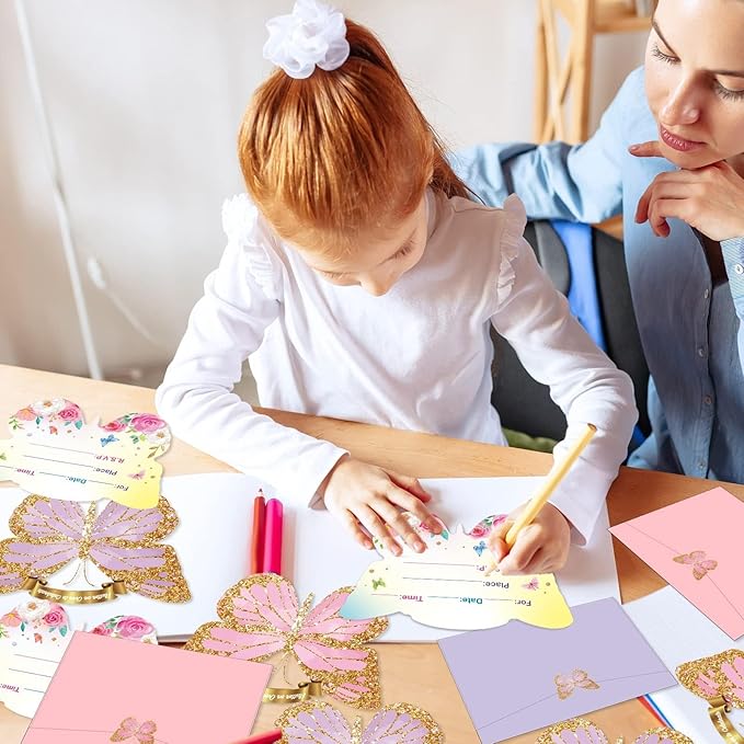 Qyeahkj 36pcs Butterfly Birthday Invitations for Girls with Envelopes Stickers Cards Floral Butterfly Party Celebration Party Supplies Favors for Kids Boys Baby Shower Wedding Decorations