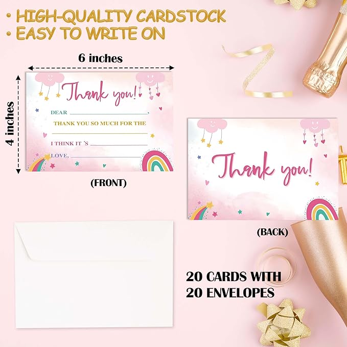Kids Thank You Cards Fill in the Blank, Boho Rainbow Thank You Notes For Boys Girls, Pink Rainbow Greeting Card, Birthday Party Decorations Favors (20 Cards With 20 Envelopes) -30