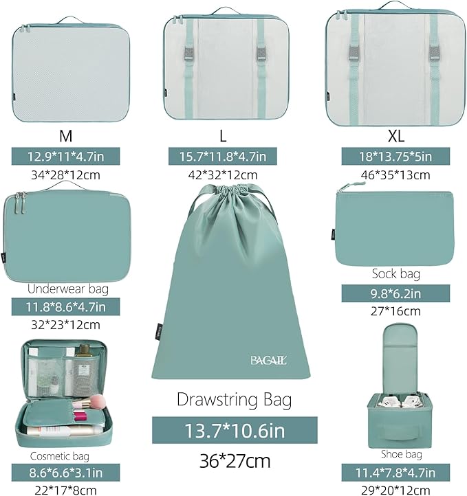 BAGAIL 8 Set Packing Cubes Luggage Packing Organizers for Travel Accessories-Dusty Blue
