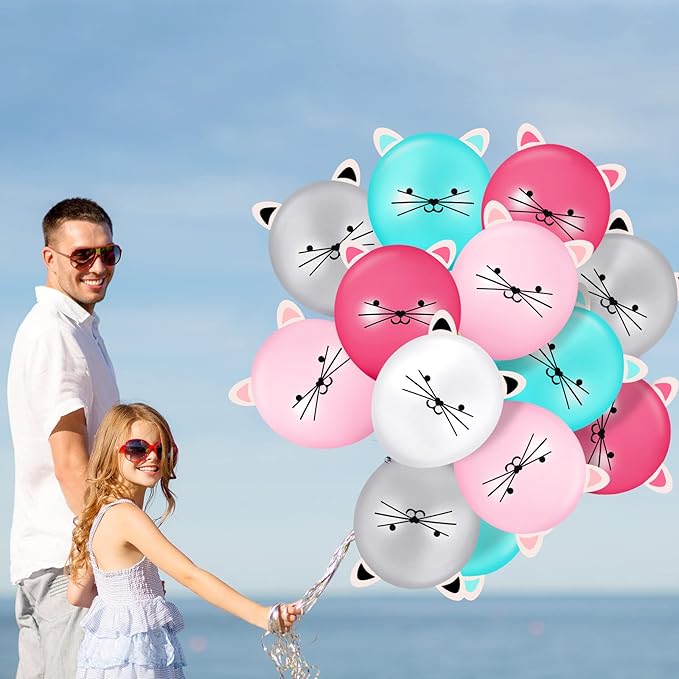 50 Pieces 12 Inch Cat Balloons Party Latex Kitty DIY Animal for Birthday Party with Ears Cat Kids Balloons for Girls Supplies, 5 Colors