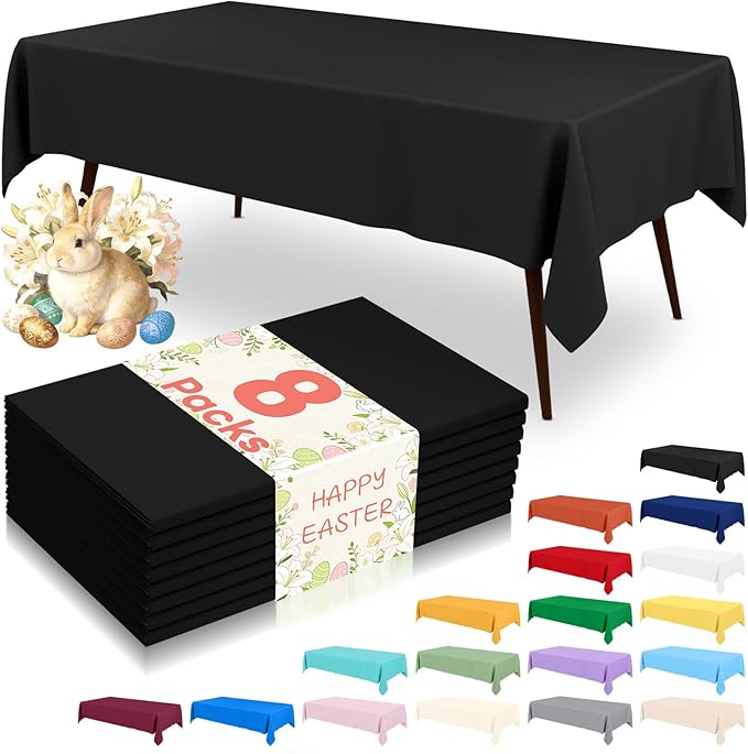 misaya 8 Packs Disposable Plastic Table Cloth, 54 x 108 Inch Waterproof Rectangle Tablecloth, Leakproof & Sturdy Decorative Table Covers for Easter, Picnic, Party and Outdoor, Black