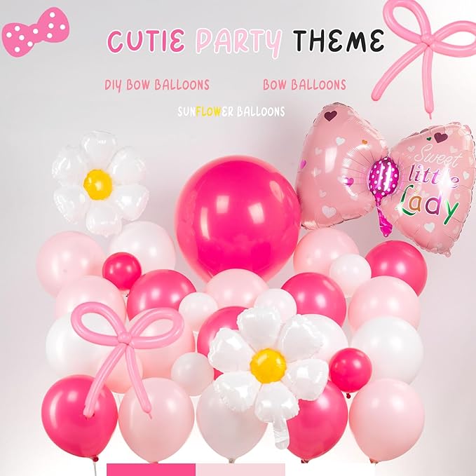 Hot Pink and White Daisy Bow Balloon140pcs with DIY Bow Daisy Balloons for Cute Cartoon Birthday Girl Bow theme Baby Shower Party Coquette birthday decorations