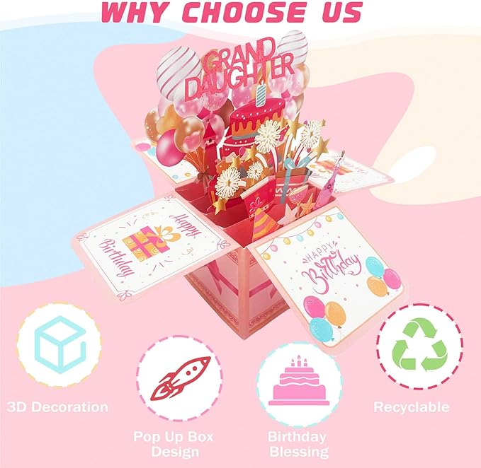 Happy Granddaughter Birthday Card Pop Up Card Box Gift From Grandma Grandparents 3D Funny Colorful Foldable Celebration Greeting Cards With Envelope For Women Birthday Party Decor