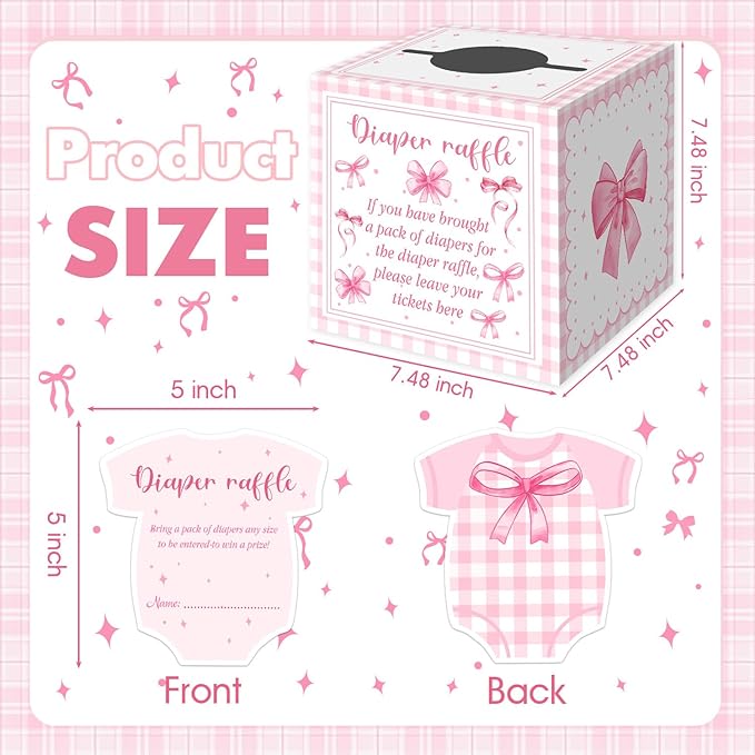 Pink Bow Baby Shower Decorations, Pink Bow Diaper Raffle Box for Baby Shower with 50PCS Cards Kids' Party Centerpieces, Baby Shower Game for Girl Baby Shower Decorations for Girl