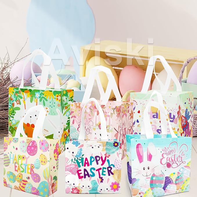 Aviski 12PCS Happy Easter Egg Hunt Bags Assorted Sizes Bunny Carrot Chick Egg Gift Bag with Handles, Easter Treat Bags, Non-Woven Gifts Wrapping, Spring Party Supplies