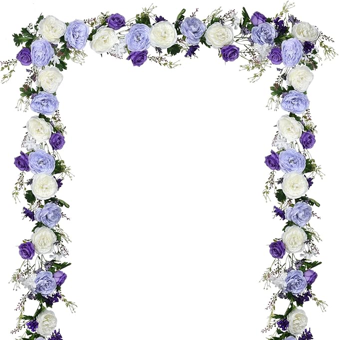 Lvydec Artificial Peony Flower Garland - 6ft Silk Peony Purple Flower Garland Arch Flower Vine for Wedding Party Table Decoration (2, Purple and White)