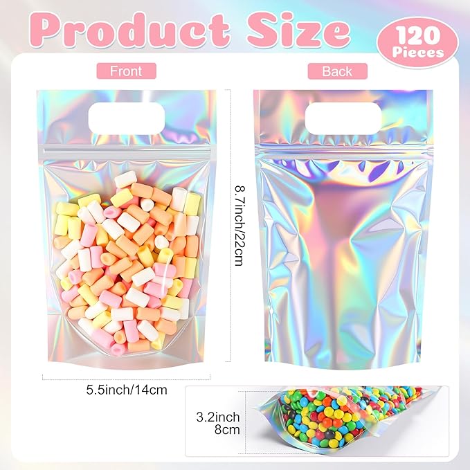 120 Pcs Plastic Gift Bag Bulk 5.5 x 8.7 Inch Resealable Party Goodie Bag with Clear Window Color Favor Pouch with Handle for Home Birthday Wedding Party Candy Gift Wrap Supply (Clear Laser)