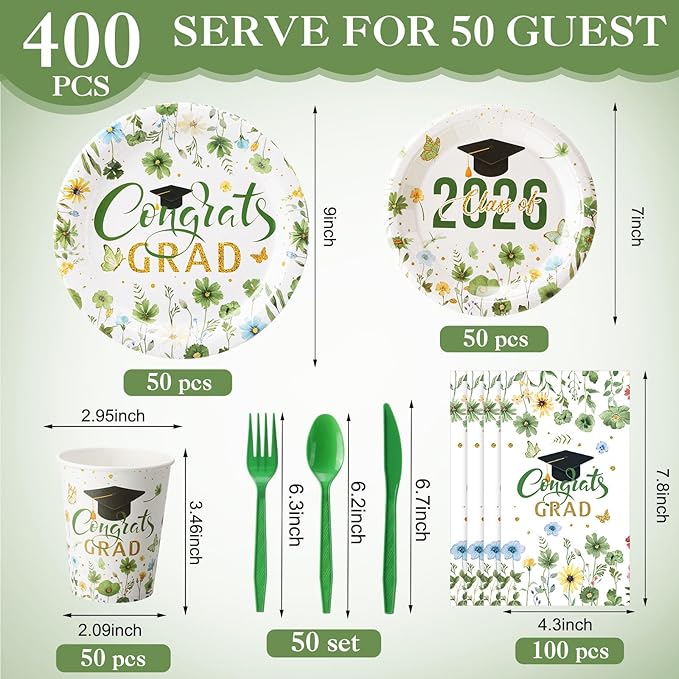 400 Pcs Class of 2026 Green Floral Graduation Decorations for 50 Guest, Green Gold Flower Graduation Paper Plates Napkins and Cups Cutlery Grad Tableware for 2026 Congrats Grad Party Supply