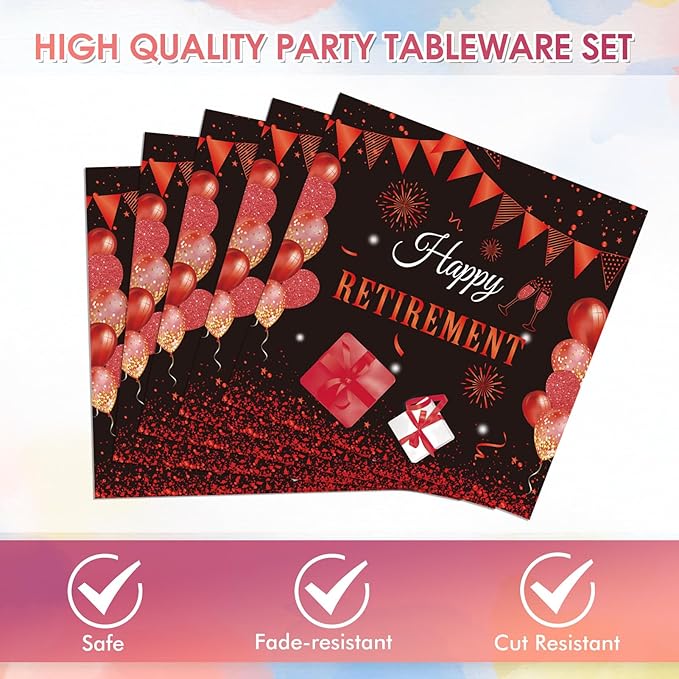 40PCS Retirement Party Decorations Women Red Retirement Paper Plates and Napkins Disposable Dinnerware Kit for Women Going Away,Serves 20