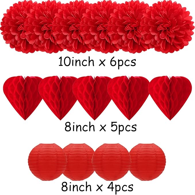 Red Valentines Day Paper Flowers Tissue Pom Poms Hearts Honeycomb Lanterns 15pcs Galentines Party Decorations Anniversary Love Birthday Wedding Baby Shower Hanging Supplies Mprocherify