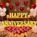 Happy Anniversary Decorations, Light up Letters Sign, with Rose Petals, Round Pearlescent Balloon, Aluminum Balloons, Light LED Neon, Table Decor for Valentine's Day Wedding Romantic Party