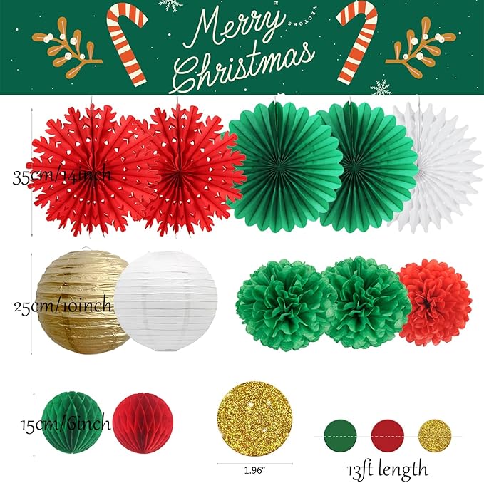 Christmas Decoration White Snowflake Paper Fans Paper Honeycomb Ball Lanterns Red Green Gold Circle Dot Garland for Christmas Party Supplies Xmas New Year Decorations
