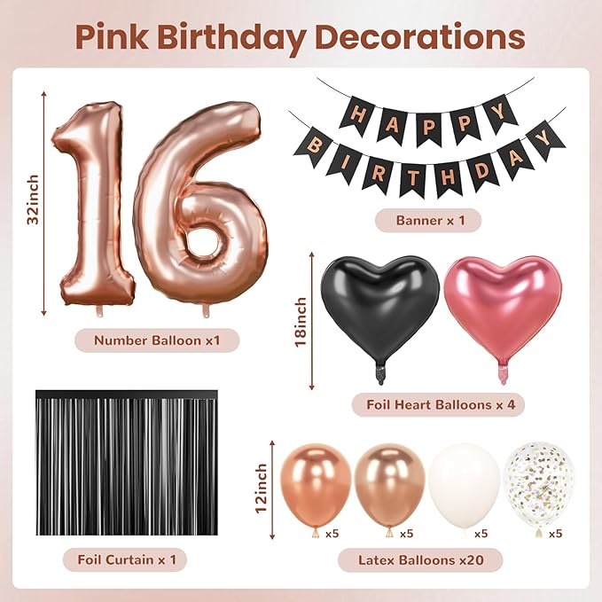16th Birthday Decorations for Girls - Rose Gold, Black and Hot Pink Party Supplies Set with Happy 16th Banner, Number 16 Balloons and Foil Fringe Curtains - 16 Year Old Celebration Kit