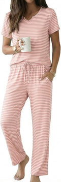 Ekouaer 2 Piece Womens Pajamas V Neck Short Sleeve Top and Long Pants Pjs Print Lounge Set Sleepwear