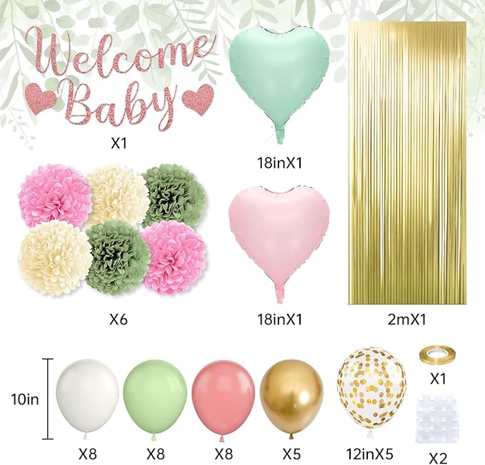 Dusty Pink Green Gold Baby Shower Decorations,Welcome Baby Banner with Sand White Sage Green Balloons Fringe Curtains Paper Pom Poms Flowers Tassels for Boho Baby Shower Gender Reveal Party Supplies