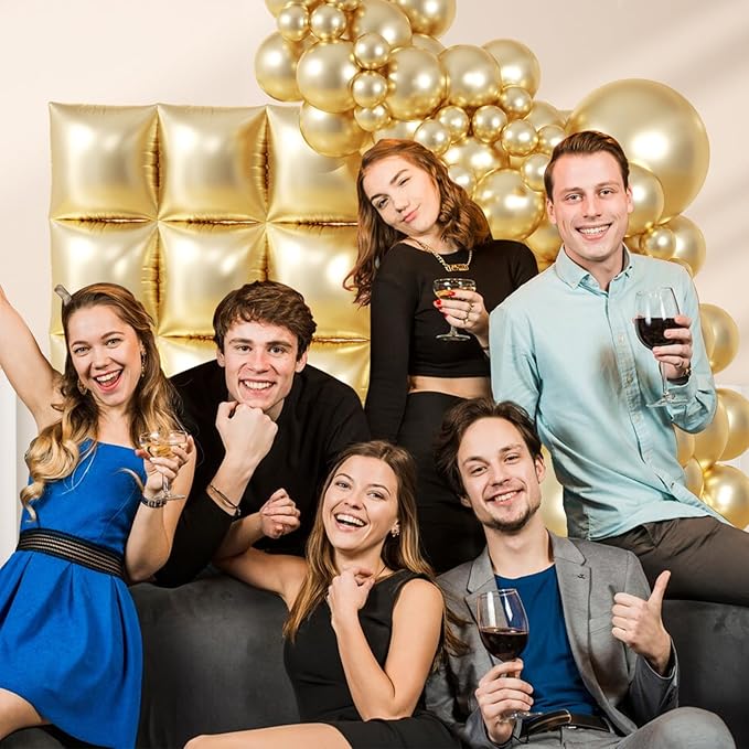 75PCS Mylar Gold Square Foil Balloons Wall Tunnel Backdrop Double Sided with Gold Balloons Arch Garland Kit for Birthday Graduation Anniversary Party Decorations
