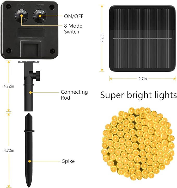 2 Pack-Solar String Lights, 78Ft 200 LED Solar Lights Outdoor with 8 Modes ，Solar String Lights Outdoor Waterproof for Yard, Fence,Balcony, Party,Christmas Tree Decorations (Warm White)