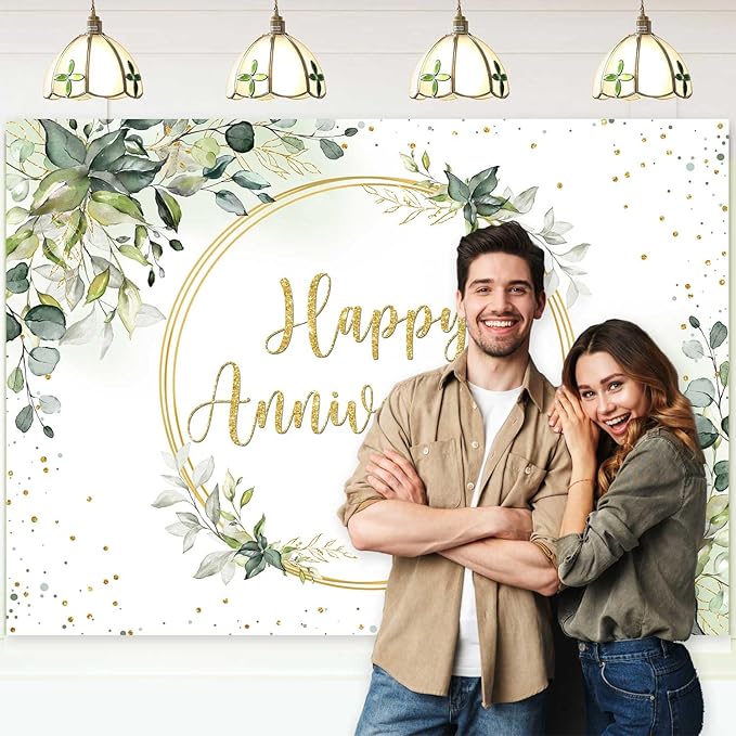 Sensfun 7x5ft Happy Anniversary Backdrop Sage Green Eucalyptus Wedding Anniversary Party Decorations Greenery Marriage Memorial Day Cheers to 10 Years 25th 40th 50th Wedding Day Banner