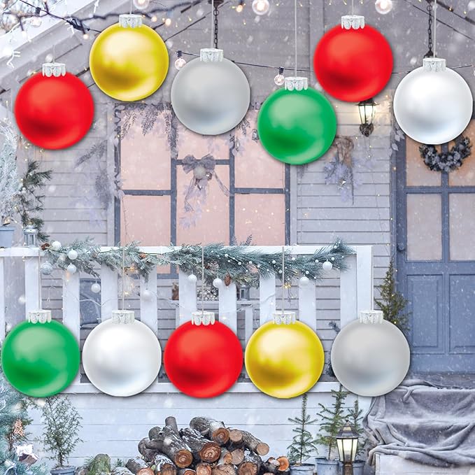 10 PCS Outdoor Decorations, 11 Inch Inflatable Christmas Balls, Festive Ornaments for Front Door Yard, with Pump (Red, Green, White, Gold, Silver)